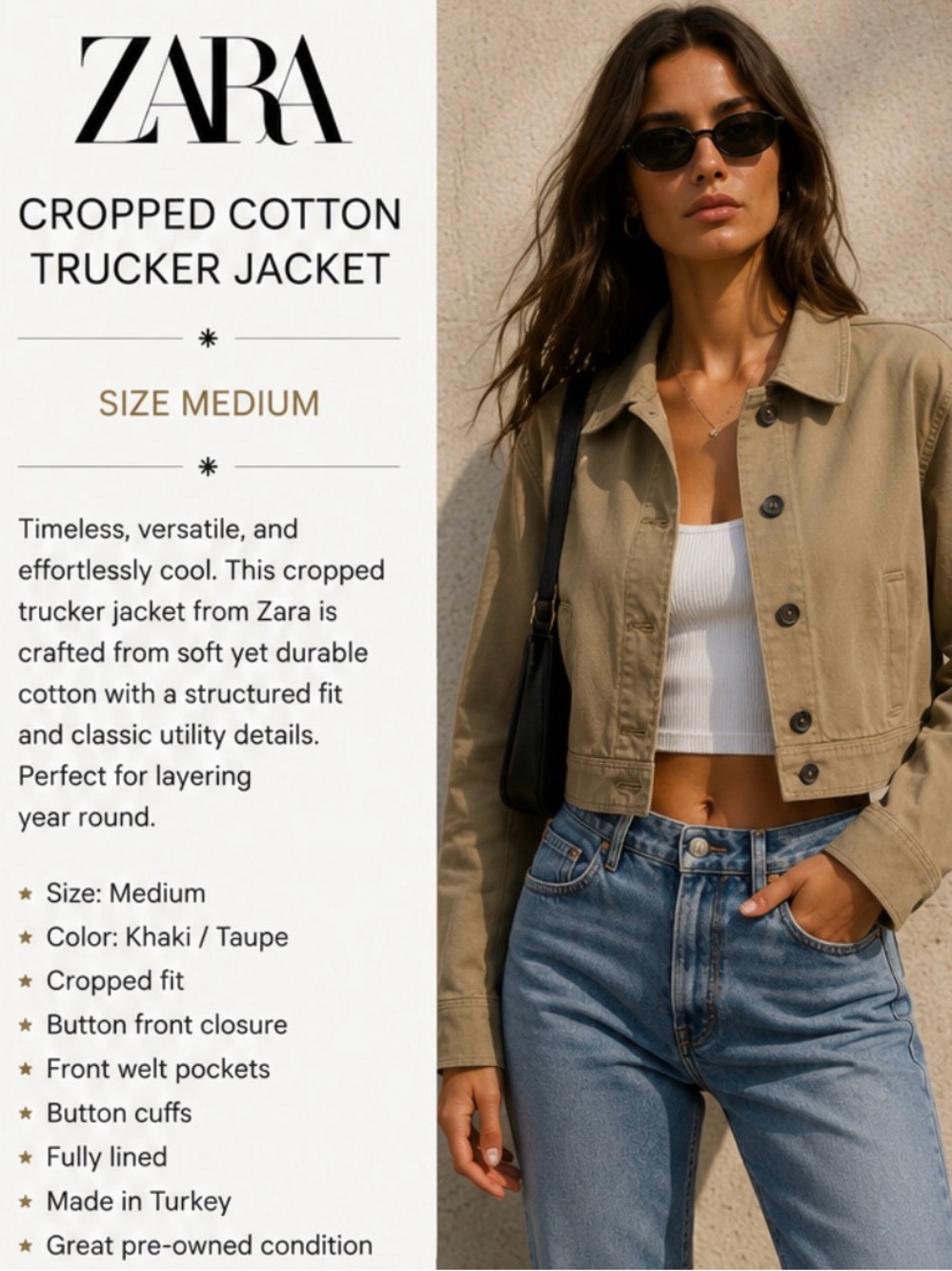 Zara Cropped Trucker Jacket in Khaki Taupe